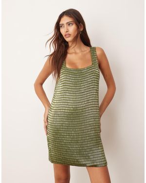 ARRANGE Embellished Beaded Square Neck Shift Mini Dress - Green