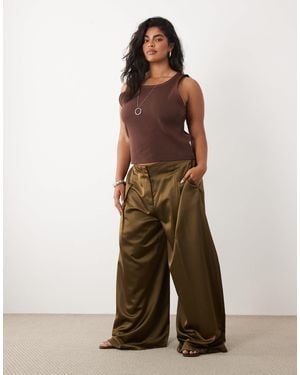 ASOS Curve Tailored Satin Wide Leg Trouser - Brown