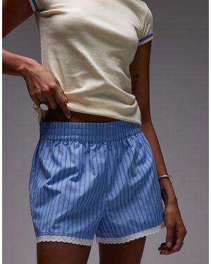 TOPSHOP High Waisted Stripe Lace Trim Boxer Short - Blue