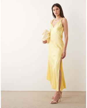 Never Fully Dressed Sofia Satin Knot Strap Bias Cut Maxi Dress - Yellow