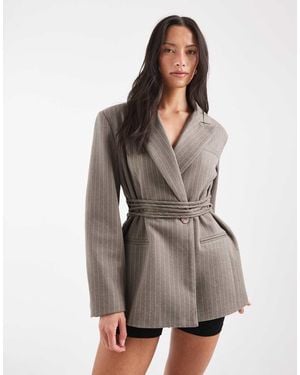 Muse Assembly Structured Blazer With Sinched Waist Tie - Grey
