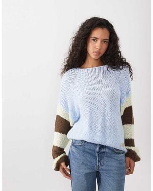 Kiwi & Co Kiss & Tell Wool Feel Hand Knitted Contrast Stripe Sleeve Relaxed Jumper - White