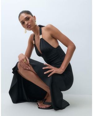 The Frolic Exclusive Cami Halterneck Asymmetric Hem Maxi Dress - Black