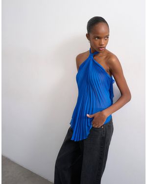 TOPSHOP Knot Halter Top With Pleated Fabric - Blue