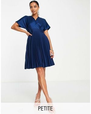 Closet London Petite Wrap Front Pleated Mini Skater Dress - Blue