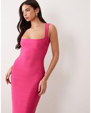 Ruched & Ready Vestito Lungo Modellante Fasciante Con Scollo Squadrato Acceso - Rosa