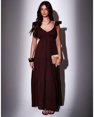 South Beach Frill Sleeve Tiered Maxi Dress - Brown