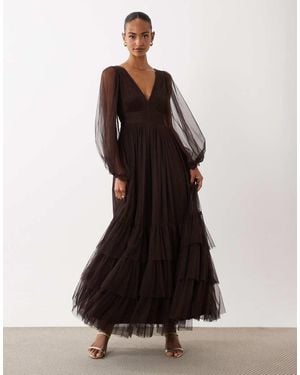 LACE & BEADS Bridesmaid Sheer Mesh Sleeve Plunge Neck Tiered Maxi Dress - Black