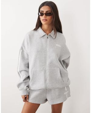 Kaiia Cotton Rich Embroidered Logo Detail Side Stripe Oversized Zip Through Collared Sweatshirt Co-ord - Grey