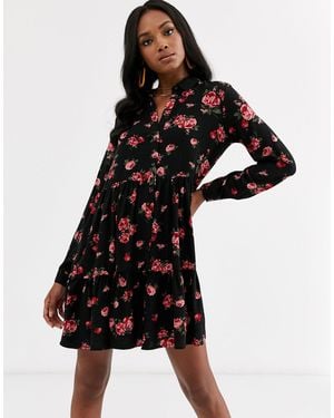 Stradivarius Vestido camisero con estampado floral - Negro