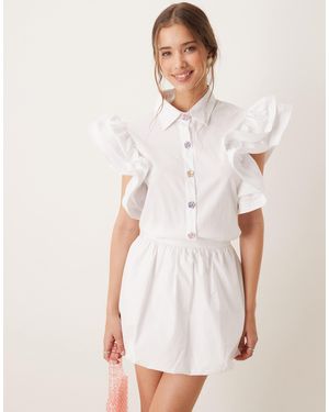 Sister Jane Ruffle Sleeve Blouse With Jewel Buttons - White