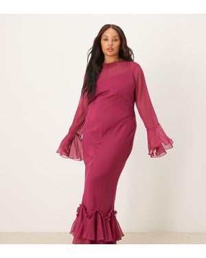 ASOS Vestido Largo Rosa Baya Con Mangas Acampanadas Y Volante En El Bajo De Asos Design Curve-Rojo