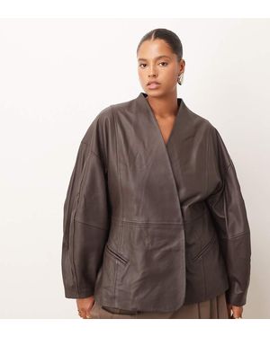 ARRANGE Curve Soft Leather Jacket With Cinched Waist And Ovoid Sleeve - Brown