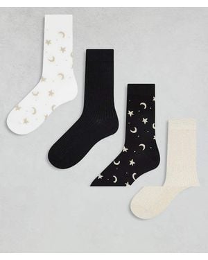 Lindex 4 Pack Moon & Star Printed Glitter Detail Sock - Multicolour