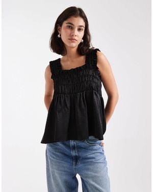 Collusion Satin Shirred Smock Top - Black