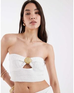 4th & Reckless Cotton Rich Knitted Bandeau Cutout Front Shell Hardware Beach Cropped Top Co-Ord - White