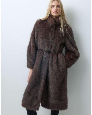 Vero Moda Funnel Neck Faux Fur Long Coat With Tie Belt - Brown