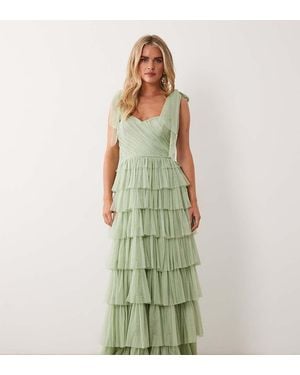 LACE & BEADS Bridesmaid Bow Shoulder Tulle Maxi Dress - Green