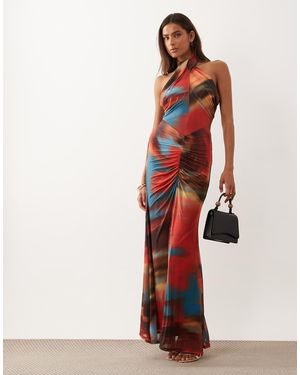 ASOS Mesh Halter Neck Maxi Dress With Ruched Skirt - Red