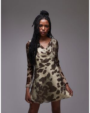 TOPSHOP – langärmliges mini-freizeitkleid mit verschwommenem animalprint und wasserfallausschnitt - Braun