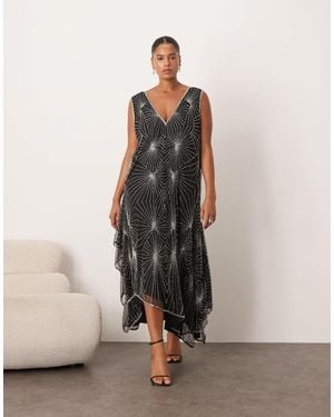 ARRANGE Curve Embellished Disc Sequin Square Neck Full Skirt Midi Dress in  Blue | Lyst