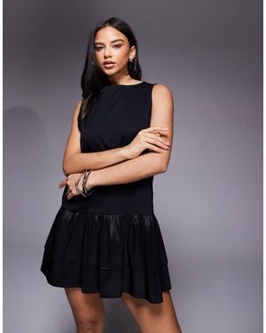 ASOS Oversized Slash Neck Mini Dress With Taffeta Double Layer Dropped Hem Detail - Blue