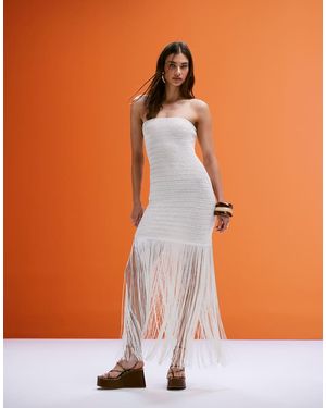 4th & Reckless Vestido Corto Con Escote Palabra De Honor Y Bajo Flecos De Croché De -Blanco - Naranja