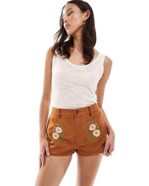 ASOS Suedette Micro Shorts With Embroidery - Brown