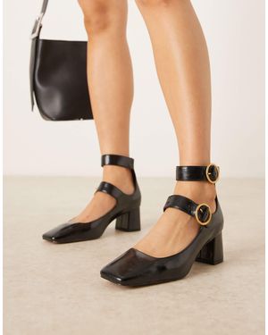 ASOS Sasha Double Buckle Strap Mid Block Heel Shoes - Black