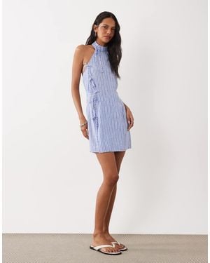ASOS Linnen Halterjurk Met Strikdetail - Blauw