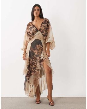 ASOS Maxi-Jurk Met Diepe Hals, Blousonmodel, Ruchezoom En Vervaagde Dierenprint - Naturel
