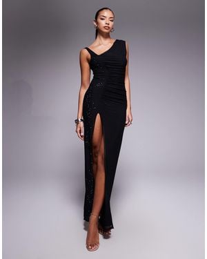 AFRM Hotfix Drape Detail Asymmetric Strap Thigh Split Maxi Dress - Blue