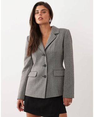 Nobody's Child Wool Feel Herringbone Padded Shoulder Cinched Waist Blazer - Grey