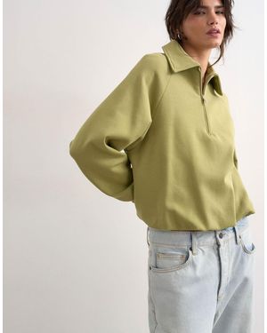 TOPSHOP Interlock Bubble Hem Polo Quarter Zip Sweat - Green