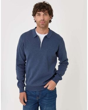 Threadbare Cotton Rich Quarter Zip Long Sleeve Polo - Blue