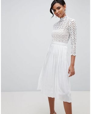 Little Mistress 3/4 Sleeve Lace Top Pleated Midi Dress - White