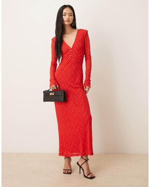 Bardot Zenia Lace Overlay Plunge Button Detail Long Sleeve Midi Dress - Red