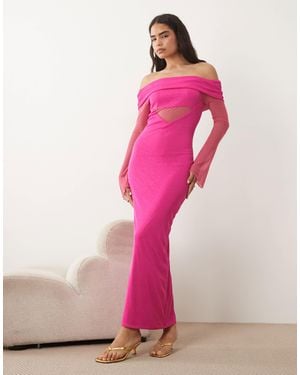 Kaiia Exclusive Textured Mesh Bardot Angel Sleeve Sheer Panel Detail Maxi Dress - Pink