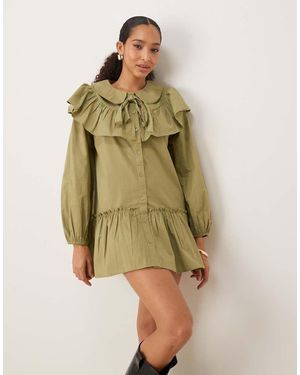 Neon Rose Ruffle Collar Smock Dress - Green