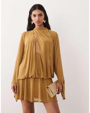 ASOS Draped Slash Front Mini Dress With Blouson Sleeves - Natural