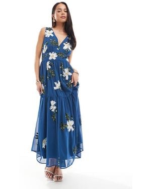 Maya Floral Embellished V Neck Midaxi Dress - Blue