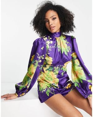 ASOS – playsuit aus satin mit puffärmeln und oversize-blumenmuster - Lila