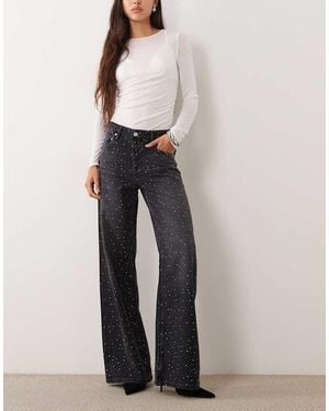 Mango Embellished Wide Leg Jean - Black