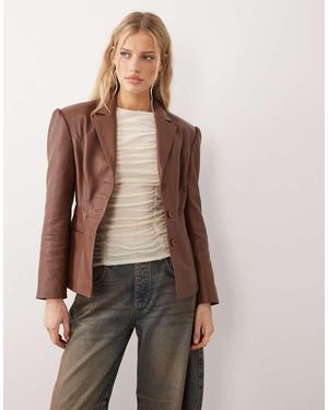 Urbancode Fitted Leather Blazer Jacket - Brown