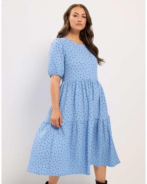 Yours Clothing Polka Dot Tiered Midi Dress - Blue