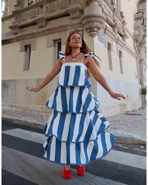Labelrail Vestido Semilargo Azul Marino Y Crema A Rayas De Estilo Circense Escalonado De X Rebecca Olivia