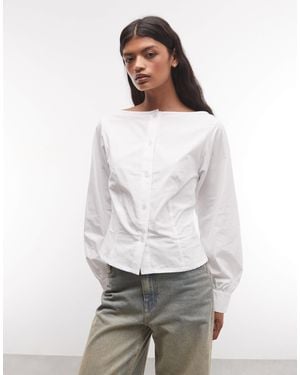 Collusion Fitted Slash Neck Shirt With Balloon Sleeve - White
