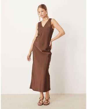 ASOS V-neck Satin Slip Midi Dress - Natural