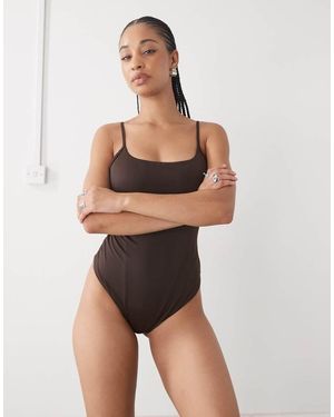 Monki Scoop Neck High Leg Swimsuit - Brown
