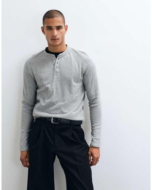 Brave Soul Long Sleeve Henley Waffle Knit T-shirt - Grey